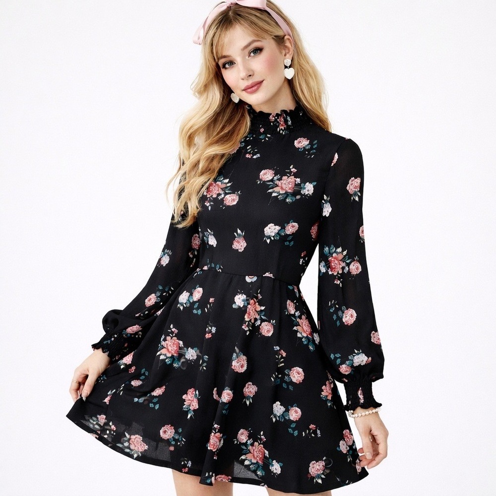 PrettyLittleThing Coquette Floral Mini Dress Black Mock Neck Cottagecore Size 4